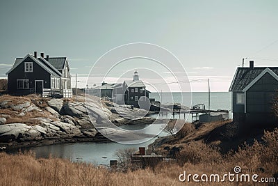 A village with small houses at a fjord in northern europe created with generative AI technology Stock Photo