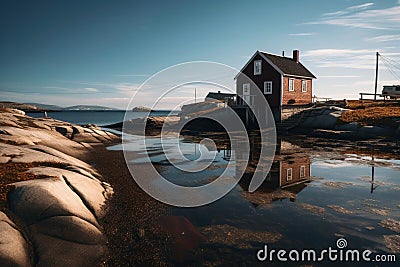 A village with small houses at a fjord in northern europe created with generative AI technology Stock Photo