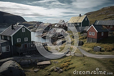 A village with small houses at a fjord in northern europe created with generative AI technology Stock Photo