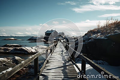 A village with small houses at a fjord in northern europe created with generative AI technology Stock Photo