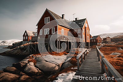 A village with small houses at a fjord in northern europe created with generative AI technology Stock Photo