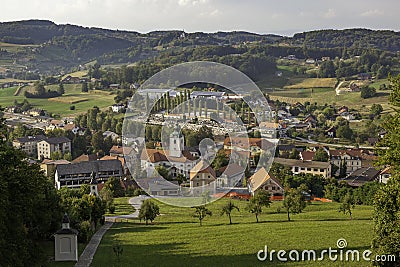 Village Smarje pri Jelsah seen from pilgrimage site Saint Rochus, Slovenia Stock Photo