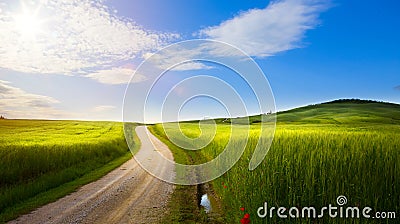 village in tuscany; Italy countryside landscape with Tuscany rolling hills ; sunset over the farm land and country road Stock Photo