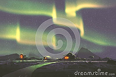 Village under the Northern lights Aurora borealis Cartoon Illustration