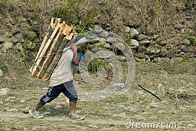 Village in the vicinity of Pokhara. Peasant women carry firewood Editorial Stock Photo