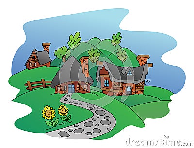 Village View Vector Illustration