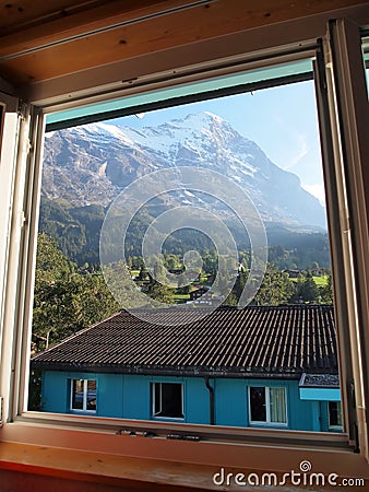 Village view from window at Jungefrau Switzerland Stock Photo