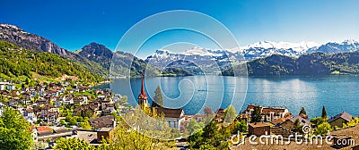 Village Weggis on lake Lucerne in Swiss Alps near Lucerne city Stock Photo