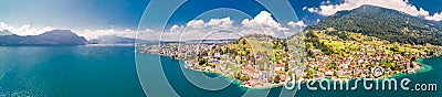 Village Weggis, lake Lucerne Vierwaldstatersee, Rigi mountain and Swiss Alps in the background near famous Lucerne city, Switzer Stock Photo