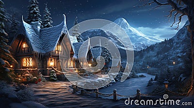 Village in winter forest at Christmas night, landscape of houses, mountains and snow. Scenery of decorations, path, light and Stock Photo