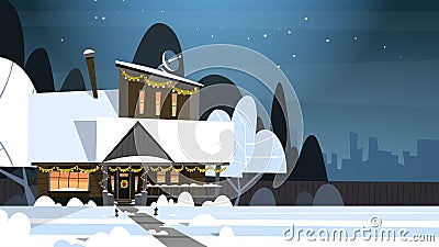 Village Winter Landscape House Building With Snow On Top City Or Town Suburb Street At Night Vector Illustration