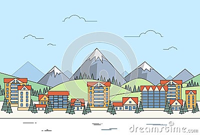 Village Winter Landscape Houses City Mountain Vector Illustration