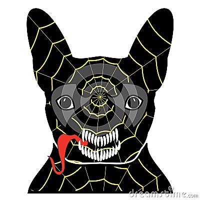 Villain symbol in costume with a spider web, with teeth and sticking out tongue, in black, yellow, red, and gray as bulldog Vector Illustration