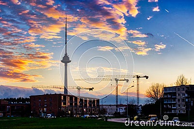 Vilnius cityscape at sunset Stock Photo