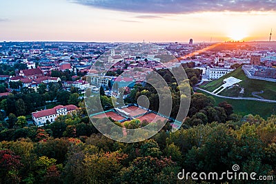 aerial flight in fall sunset, Vilnius Stock Photo