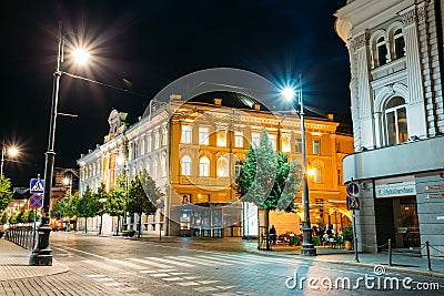 Vilnius Lithuania. Ancient Buildings In Evening Illumination On Gediminas Avenue, Dark Black Sky Editorial Stock Photo