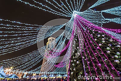 Christmas tree in Vilnius and Christmas Market Stock Photo