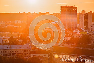 Vilnius, Lithuania. Sunset Sunrise Dawn Over Cityscape. Church Of St Raphael The Archangel And Former Jesuit Monastery Editorial Stock Photo