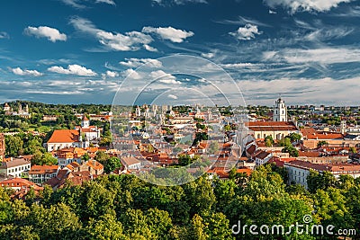 Vilnius, Lithuania. Old Town Historic Center Cityscape Under Dramatic Sky Stock Photo