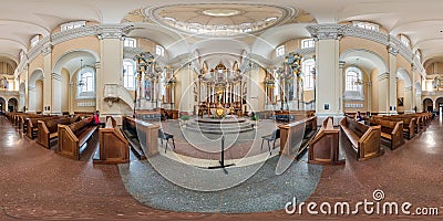 VILNIUS, LITHUANIA - SEPTEMBER, 2018: full seamless spherical panorama 360 by 180 degrees angle view interior baroque catholic Editorial Stock Photo