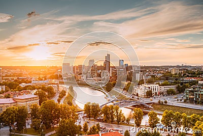 Vilnius, Lithuania. Sunset Sunrise Dawn Over Cityscape In Evening Stock Photo