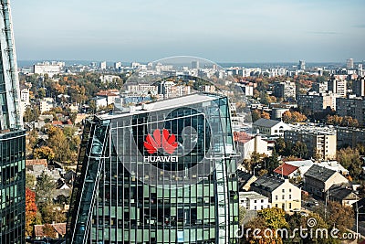 Vilnius, October 10, 2018: Huawei logo on a building in Vilnius, Lithuania. Huawei is leading global provider of Editorial Stock Photo