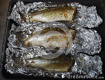 Vimba cooked in the oven, the foil is opened. Stock Photo