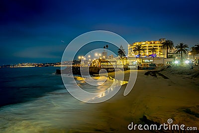 VINA DEL MAR, CHILE - SEPTEMBER, 15, 2018: Outdoor beautiful view of long exposition picture with a gorgeous Pacific Editorial Stock Photo