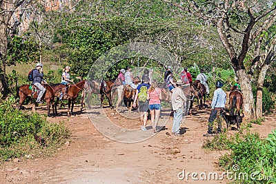 VINALES, CUBA - FEB 19, 2016: Group of tourists rides horses in Vinales valley, Cub Editorial Stock Photo