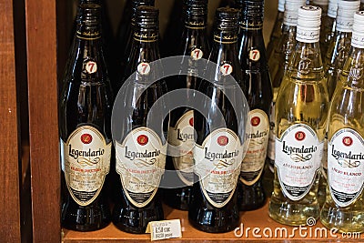 VINALES, CUBA - MARCH 14, 2018. Rum Legendario Anejo Blanco 70cl, 40%Vol. Rum Legendario in the store shelf. Cuban rum of Legendar Editorial Stock Photo