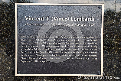 Vincent T. Vince Lombardi monument and placque on tour of Lambeau Field Editorial Stock Photo