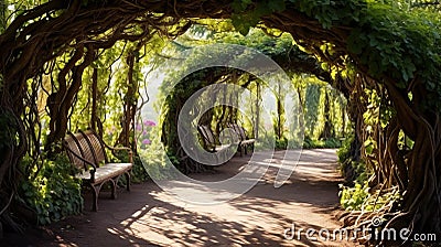 vine covered archway with bench. Generative AI Stock Photo