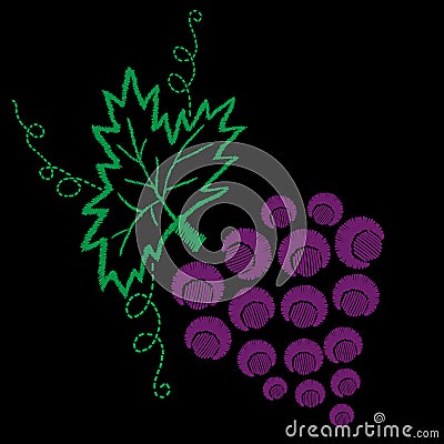 Vine with leaves and grapes pattern embroidery stitches imitation pattern Vector Illustration