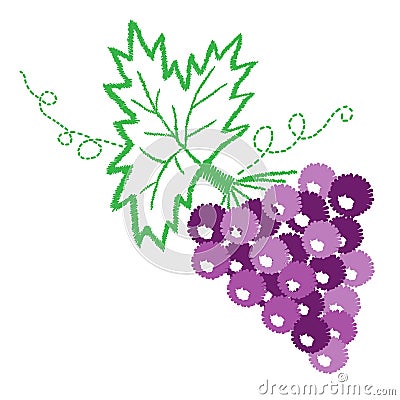 Vine with leaves and grapes pattern embroidery stitches imitation Vector Illustration