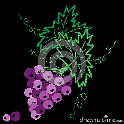 Vine with leaves and grapes pattern embroidery stitches imitation Vector Illustration