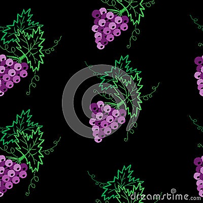 Vine with leaves and grapes seamless pattern embroidery stitches Vector Illustration