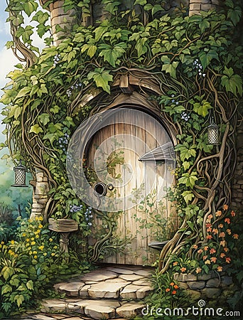 Vines Growing on a Rounded Hobbit Home with an Open Fairy Palace Stock Photo