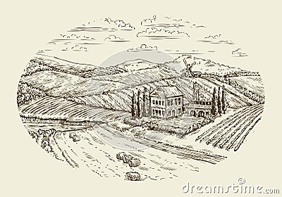 Vineyard landscape. Hand drawn vintage sketch agriculture, farming, farm Stock Photo