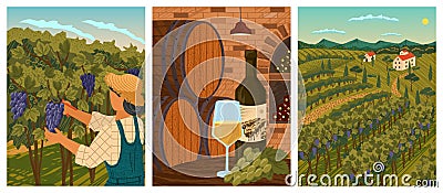 Vineyard landscape and winery field with villa farm house. Hand draw vector illustration poster. Wine wooden barrels in Vector Illustration