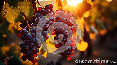 Ripe red grapes on vineyards in autumn harvest at sunset. Tuscany, Italy Stock Photo