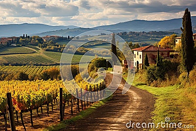 Vineyard in Tuscany, Italy. Vineyards at sunset, AI Generated Stock Photo
