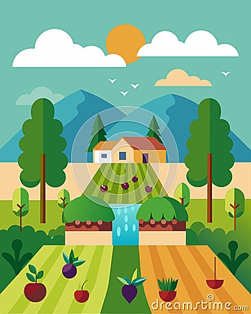 A vineyard utilizing biodynamic farming principles creating a selfsustaining ecosystem that supports healthy grape vines Vector Illustration