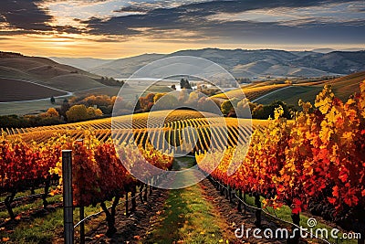 Vineyards in autumn colors at sunset. Tuscany, Italy, AI Generated Stock Photo