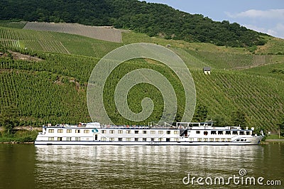 Vineyards and cruise ship on Moselle river Editorial Stock Photo