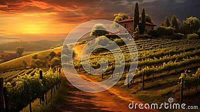 Vineyards with peas in the village at dawn. Generative AI, Stock Photo