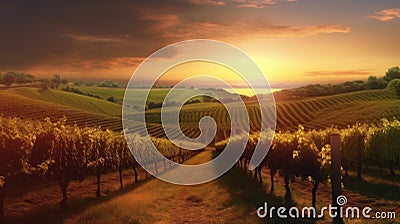 Vineyards sunset panorama. Generative AI Stock Photo