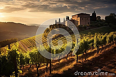 Vineyards in Tuscany, Italy. Beautiful landscape at sunset, AI Generated Stock Photo