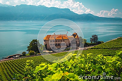 Vineyards and waterfront house on lake Geneva, Rivaz, Switzerland Stock Photo