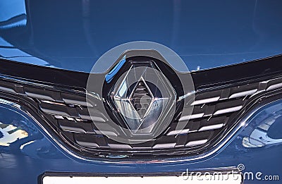 Vinnitsa, Ukraine - April 02, 2019 . Renault Captur - new model car presentation in showroom - logo Editorial Stock Photo