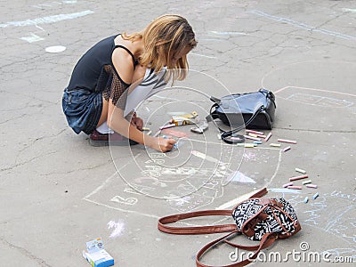 Vinnitsa, Ukraine. 08/24/2019. Children draw on the pavement with chalk Editorial Stock Photo